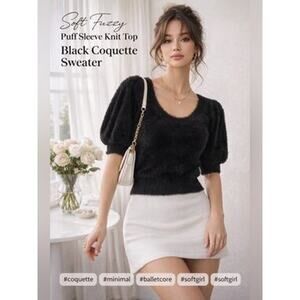 Soft Fuzzy Puff Sleeve Knit Top Black Coquette Balletcore Sweater Sz L